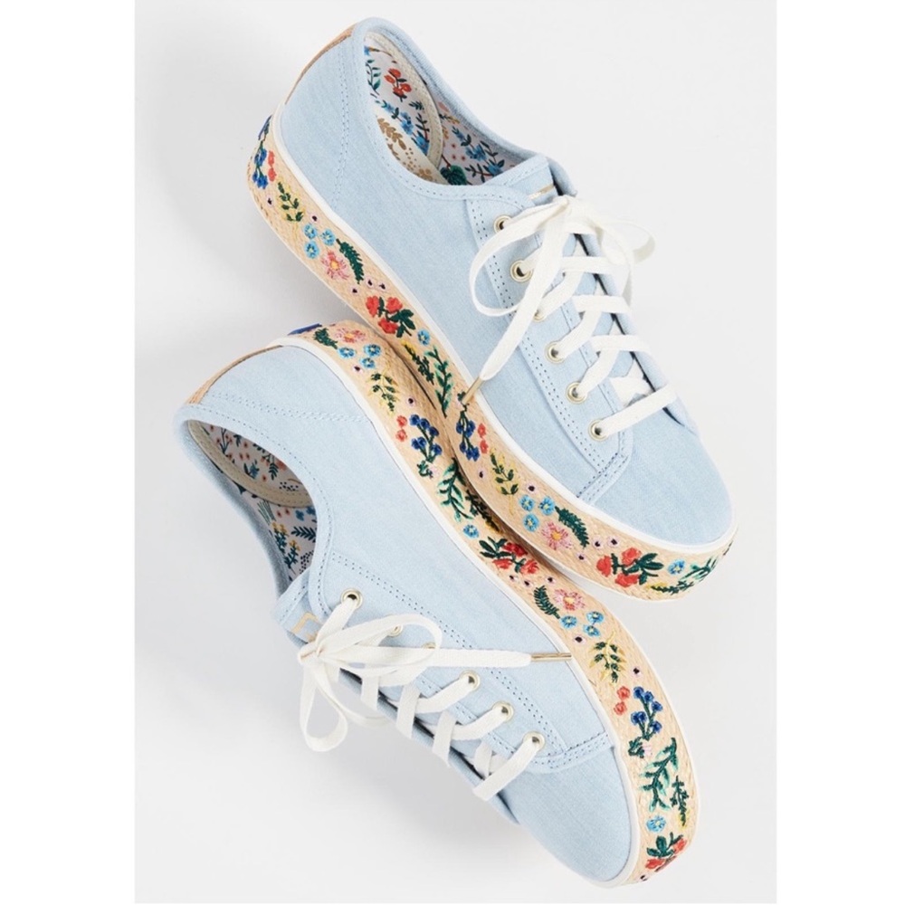 Anthropologie Keds Rifle Paper Co Rosalie Blue Embroidered Floral Sneakers‎ 8.5